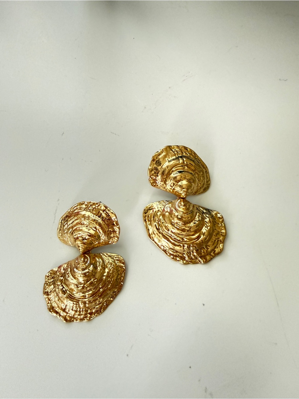 Gold Textured Double-Drop Statement Earrings Oyster Scallop Shape